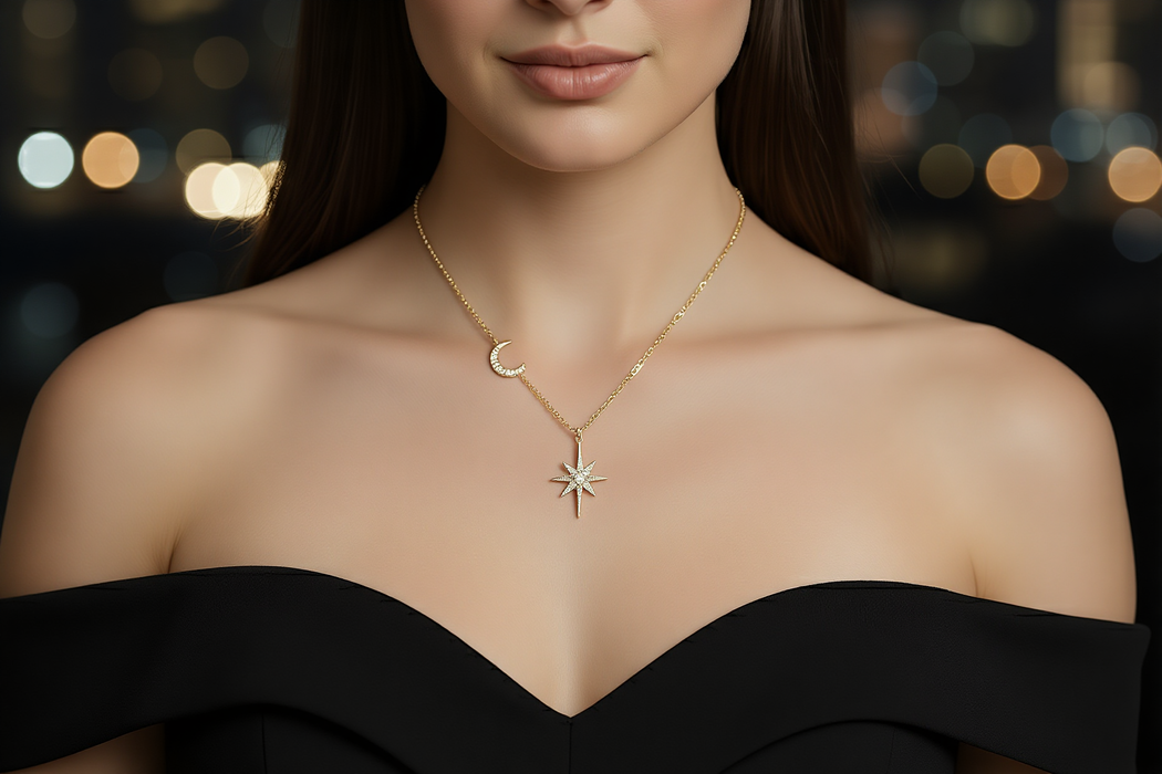 Celeste Dreams – Star & Moon Moissanite Necklace