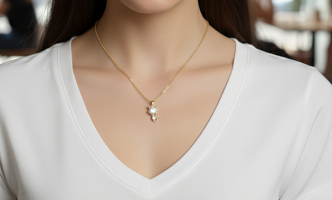 Cat-Inspired Zircon and Pearl Pendant Necklace